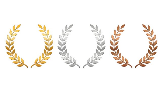 Gold silver and bronze laurel wreath icons award set with elegant victory leaves and medal labels representing achievement, champion recognition and prize celebration designs