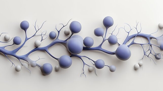 3D abstract organic berry branch structure with pastel purple and grey spheres on a clean white background for scientific design