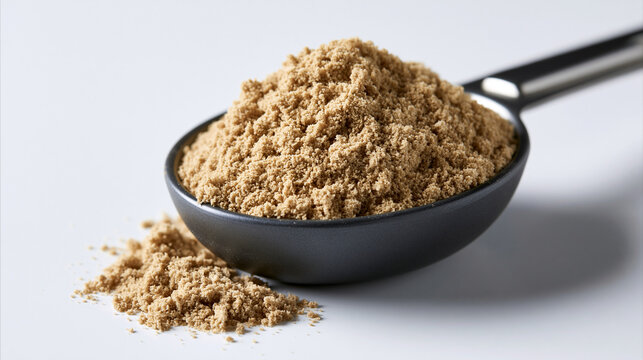 Ground coriander powder in a black measuring spoon isolated on white background. Perfect for spice and culinary.