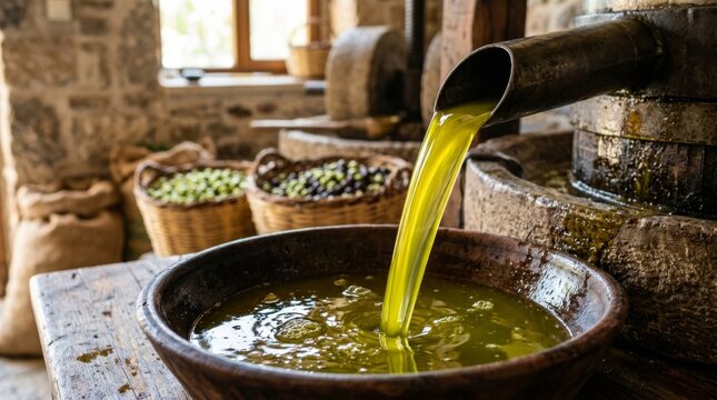 Freshly pressed olive oil flows from the equipment's discharge outlet into a large container during the production process at the oil mill.