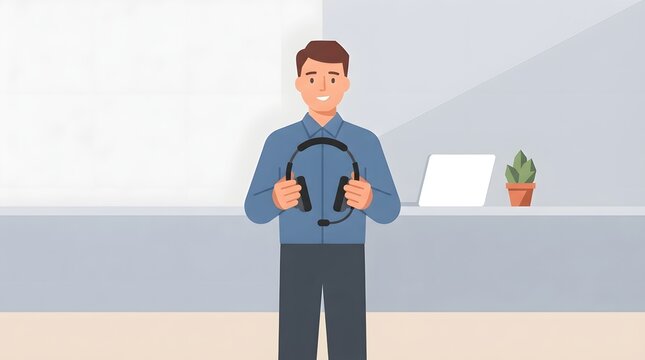 Customer Service Ready: A smiling man in a blue shirt stands in an office setting, holding a headset, ready to assist. He represents helpfulness and excellent customer support.