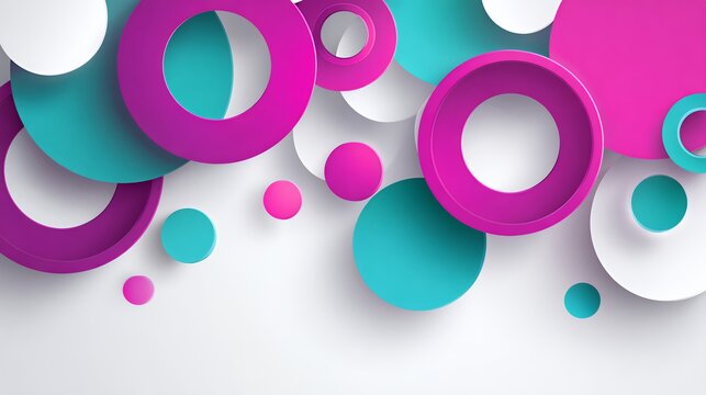 Dynamic 3D geometric background featuring scattered magenta and cyan papercut rings on a clean white surface, modern abstract art