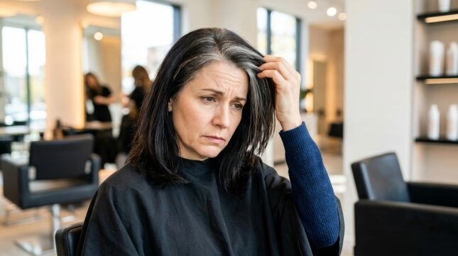 Unhappy woman in hair salon looking at her gray hair, contemplating a change in hairstyle or hair color