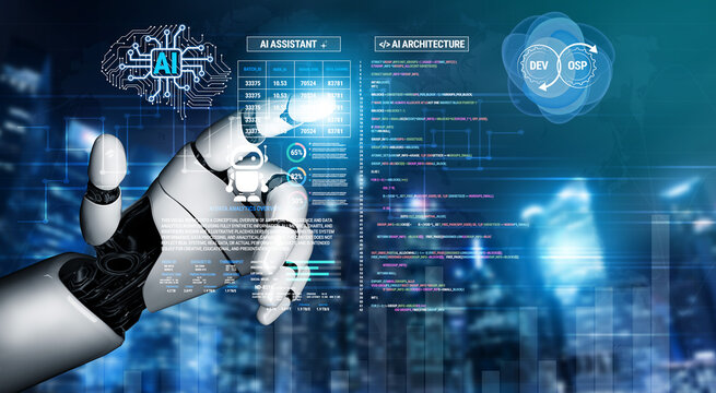 Futuristic AI Assistant Interface with Robotic Hand Interacting with Data and Code in a Technological Urban Environment Fluxor.