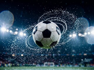 Fototapeta premium Dynamic action shot of a soccer ball spinning in mid-air surrounded by a dramatic ring of flying water droplets under stadium lights