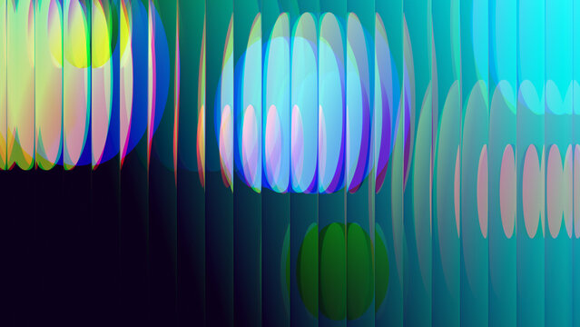 Glass ripple texture abstract digital art background with vertical glass strips and overlapping colorful circular light flares and bokeh effects