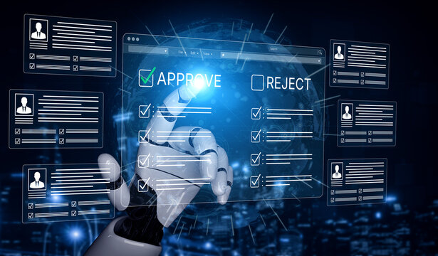 Futuristic robotic hand interacts with technology dashboard for approval and rejection of user profiles in a modern digital environment. Bitwise.