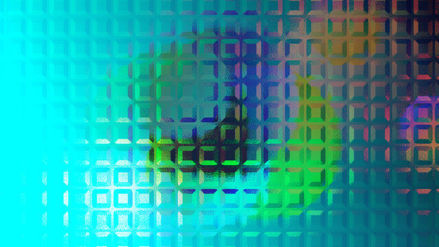 Glass ripple texture abstract digital background with a glowing neon grid pattern, vibrant teal and blue gradient, and soft light bokeh effects