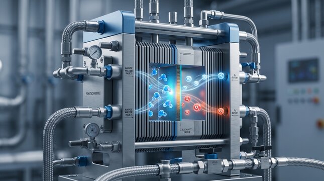 High-Tech PEM Fuel Cell Stack and Hydrogen Electrolyzer Module Visualization, Showing the Process of Water Splitting into Hydrogen and Oxygen for Clean Renewable Energy and Industrial Sustainability