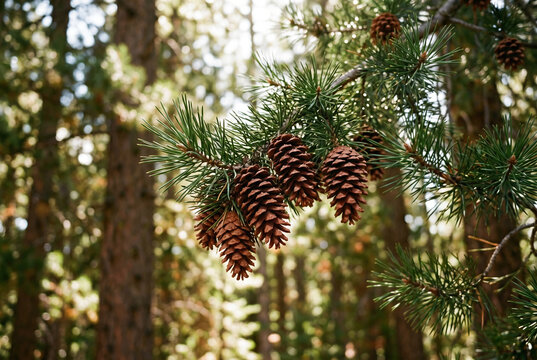 Several mature brown pine cones hang from a vibrant green branch in a bright sunlit forest