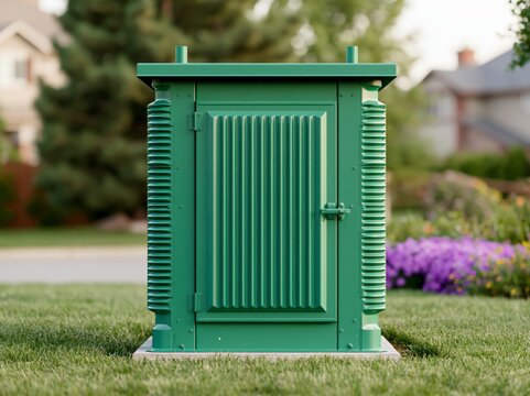 Green pad mount transformer closed in the front cabinet door with grass and flowers in the surrounding area
