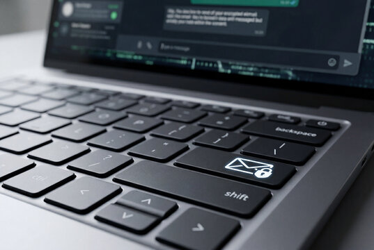 Laptop keyboard focusing on a glowing enter key displaying a secure email and padlock icon