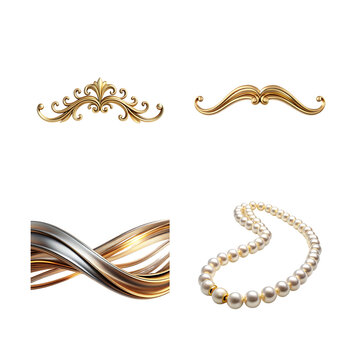 Collection of vintage style decorative jewelry elements isolated on transparent background