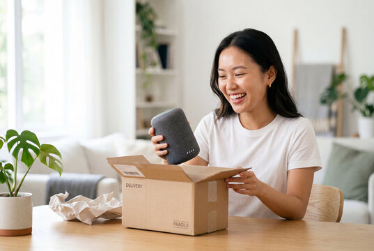 Happy young woman unpacking a new smart speaker from box