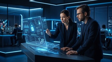 Fototapeta premium Professional IT Experts Analyzing Security Protocols on Futuristic Holographic Interface in Modern Data Command Center, Cybersecurity and Digital Data Protection Technology Concept