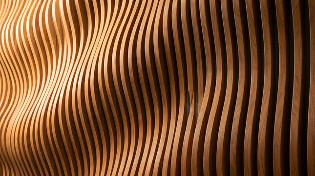 Wavy 3D parametric teak wood wall paneling with warm lighting