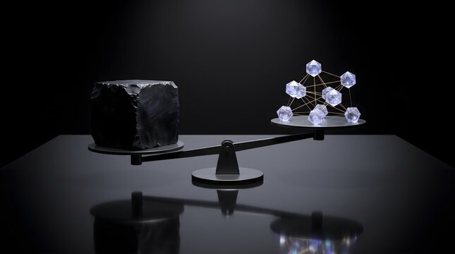Balance scale weighing obsidian stone cube against glowing crystal network