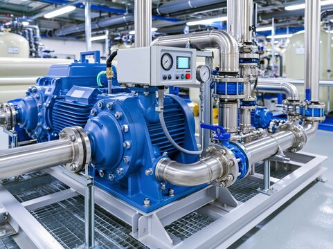 Reverse osmosis high pressure pump on a skid frame in a clean plant room