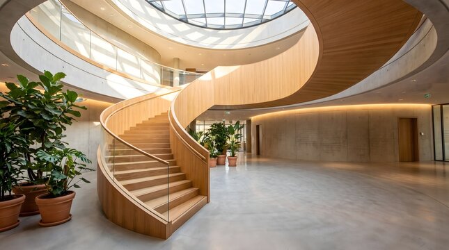 Curved wooden spiral staircase in modern building atrium under skylight