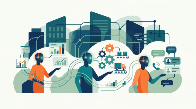AI agents orchestrating business operations, supply chain automation, and data analytics across a modern digital enterprise network