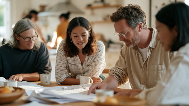 Architecture firm team of varied ages and backgrounds pours over structural drawings spread across a modest kitchen table in a residential home, mugs of tea nearby, blueprints