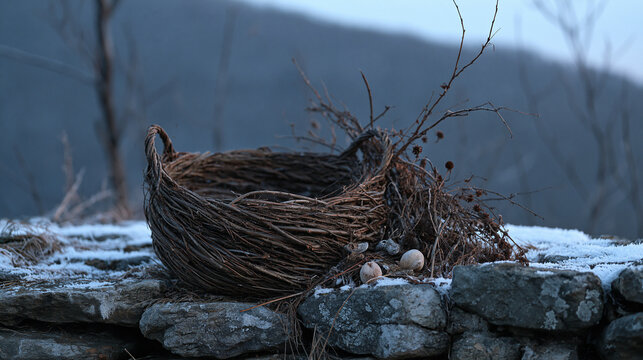 Twilight blue hour over a frost covered hillside where a symbolic still life of half woven willow basketry, an exoplanet atmospheric spectrograph printout, and dried winter