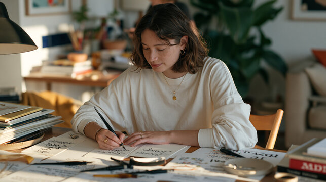 A typographer works alone at a drafting table during golden hour, long sunlight stretching across hand-lettered seasonal greeting card layouts, her focused gaze on kerning