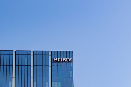 Yokohama, Japan-January 2, 2026:  Sony corporate logo on a modern office tower in Japan. With copy space