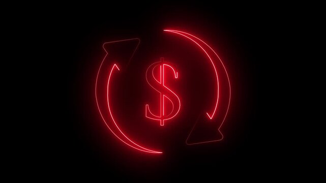 Glowing Red neon dollar symbol with rotating arrows on black background, futuristic currency exchange transfer sign, electric cash back refund finance UI UX motion graphic video effect.