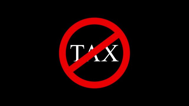 No tax text animation with red prohibition stop sign on black background, tax free exemption status indicator, duty free finance government policy UI UX motion graphic design video element.