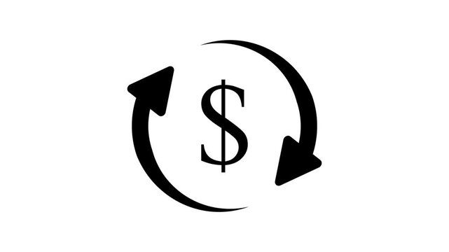 Animated Black dollar symbol with rotating arrows on White background, currency exchange transfer sign, cash back money refund financial status UI UX motion graphic design video element.