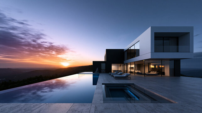 Modern Luxury Villa Exterior with Infinity Pool at Sunset