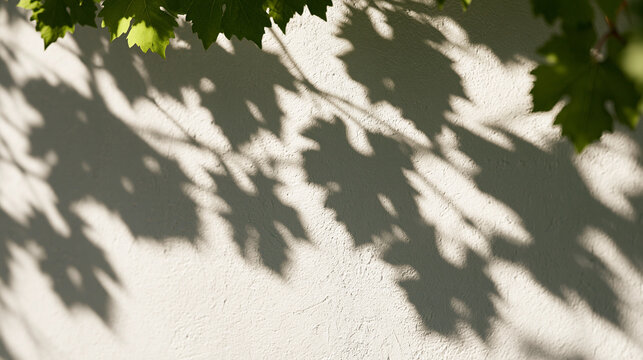 Leaf Shadows Cast on Textured White Wall in Sunlight