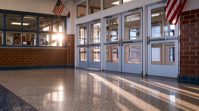 Empty American Public School Entrance and Hallway