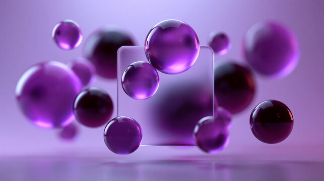 Floating Purple Glass Spheres and Square Frame Abstract Background
