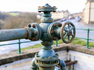 Fototapeta premium Discharge pipework and manifold at sewage lift station viewed from above