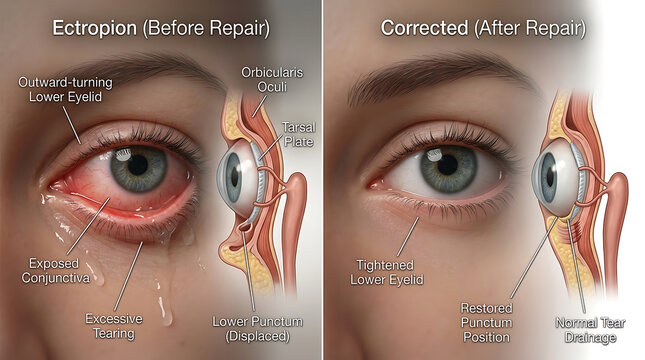 Ectropion Before vs After Repair: Outward-Turning Eyelid vs Normal Position
