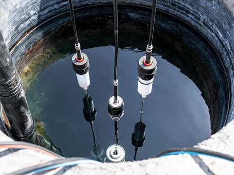 Float switches and level sensors inside a sewage lift station wet well on a bright day