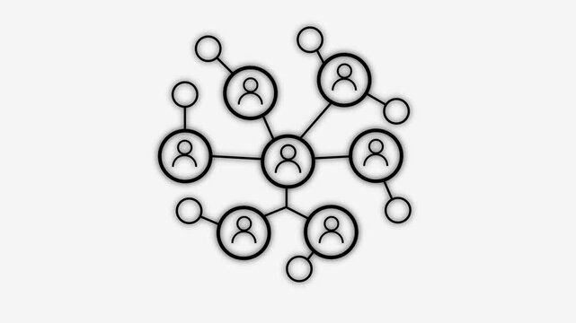 White animated social network icon. Network of connected people with peripheral circle nodes, ideal for illustrating social networks, teamwork, connectivity, relationships, communication, technology.