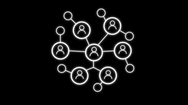 White animated social network icon. Network of connected people with peripheral circle nodes, ideal for illustrating social networks, teamwork, connectivity, relationships, communication, technology.