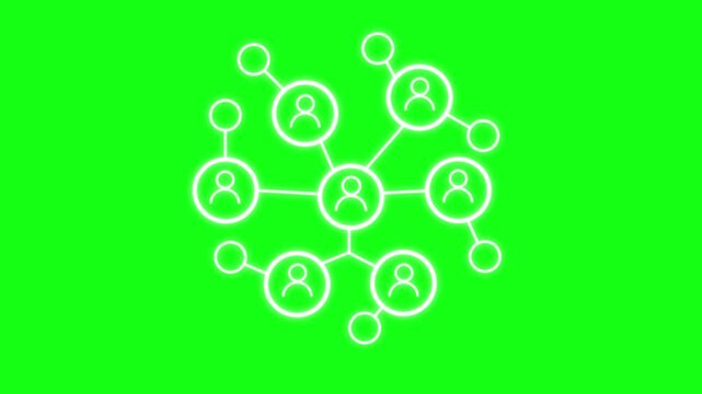 White animated social network icon. Network of connected people with peripheral circle nodes, ideal for illustrating social networks, teamwork, connectivity, relationships, communication, technology.
