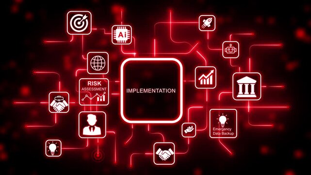 implementation concept on grid background and 3d animation. Internet, business, Technology and network concept
