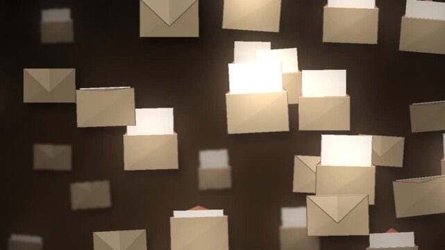 Opening Envelopes with Letters Sliding Out Mail Newsletter Motion Background Seamless Loop in vibrant sand tones