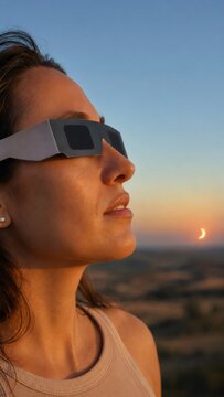Woman watching solar eclipse with protective glasses from a spanish landscape