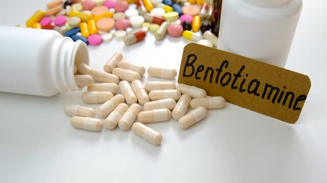 Benfotiamine capsules and vitamin supplements. Selective focus.