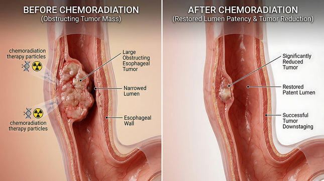 Esophageal Tumor Before vs After Chemoradiation: Obstructing Mass vs Restored Lumen