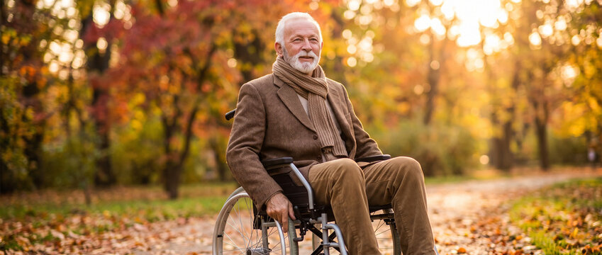 Side view of a disabled senior man in a wheelchair looking up with interest in an autumn park. Concept of accessible environment and enjoying life