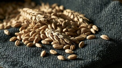 Fototapeta premium Raw organic spelt wheat grains scattered on dark grey linen canvas with side lighting
