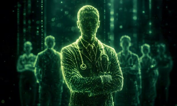 Digital wireframe doctor with team in futuristic data background.