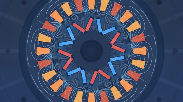EV Traction Motor Cross Section With Three Phase Rotating Field and Flux Density Contours, Seamless Loop in bright blue tones